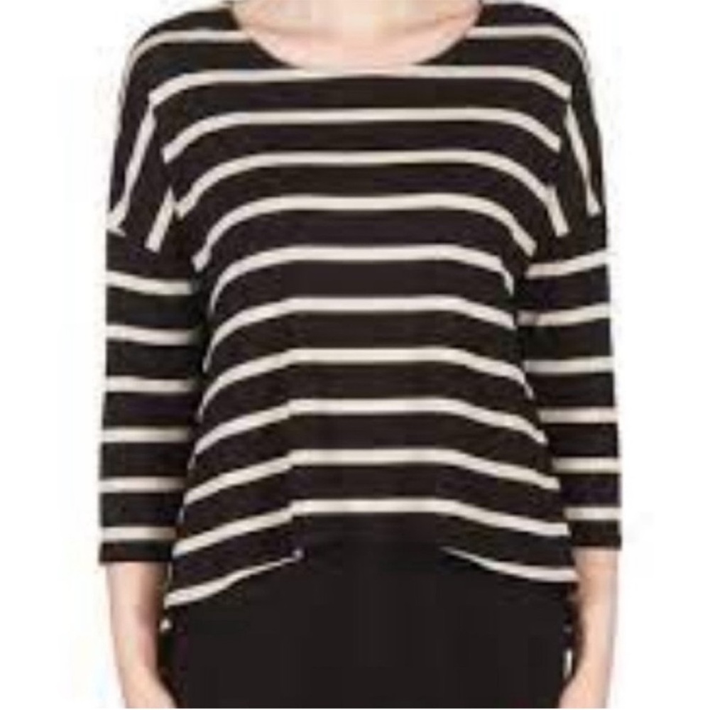 JOSEPH RIBKOFF Striped Tunic Top Black Tan Size 8 EUC